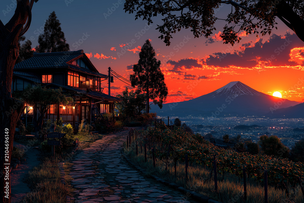 Obraz premium Japanese countryside vineyard, golden hour, warm orange sky, cinematic anime background, nostalgic countryside, detailed environment.