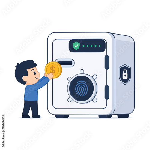 Pixel art character depositing gold coin into secure digital safe with fingerprint scanner and shield icon, digital security concept
