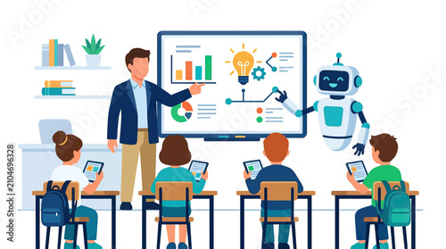 Bild auf Leinwand Teacher and robot instructing students using digital tablets in classroom
