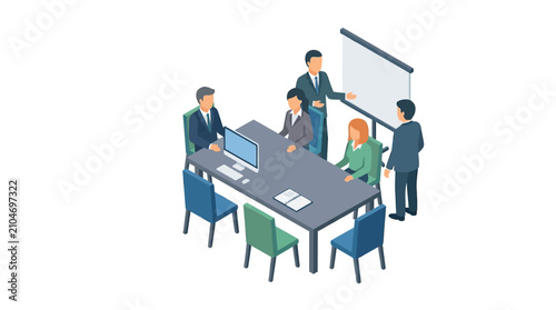 Isometric business people having a meeting and presentation in office