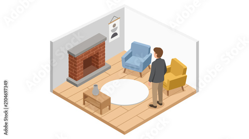 Isometric Illustration of a Man in a Cozy Living Room