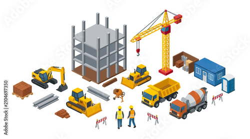 Isometric construction site with building frame and heavy machinery