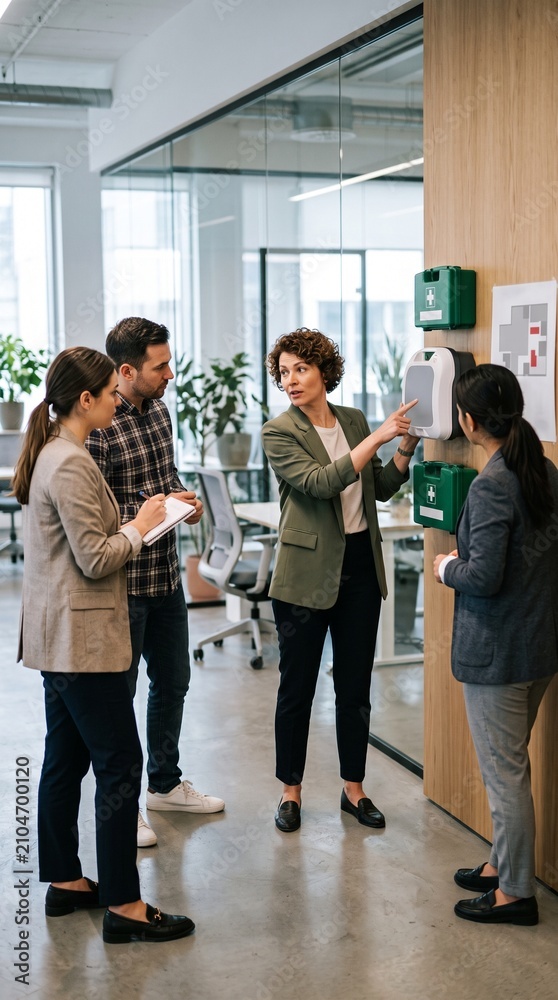 Fototapeta premium Diverse team discusses safety procedures near first aid kits in modern office