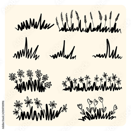 Cute hand drawn grass patch and wildflower borders doodle set