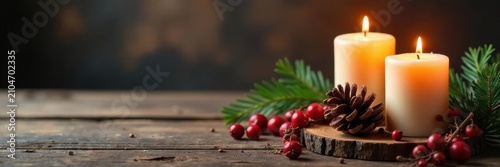 Candles, pine cones, and berries arranged on rustic wood, natur, minimal