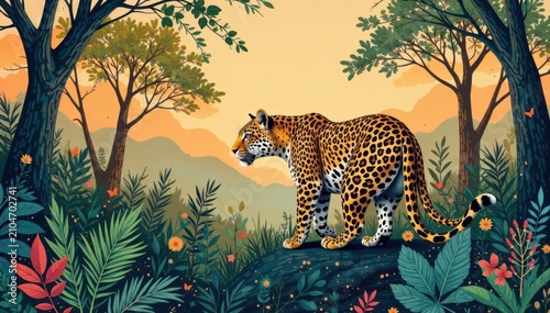 Hand-drawn abstract jungle, leopard collage Natural colors, seamless , trendy, stylish, hand-drawn