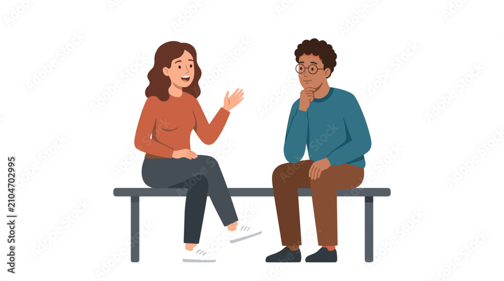 Fototapeta premium Two people sitting on a bench having a conversation illustration
