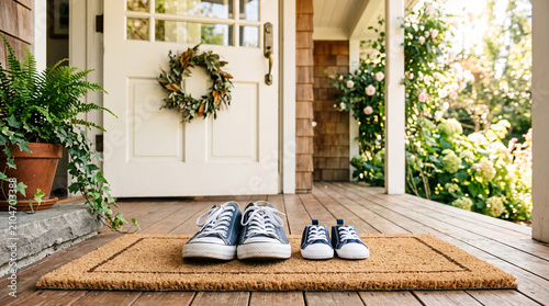 A heartwarming advertising visual for first-time parents, symbolizing new family chapters and the comforting embrace of home life