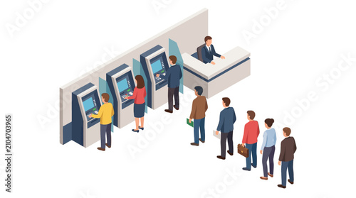 Fotografie Isometric People Using ATMs and Waiting in Bank Queue