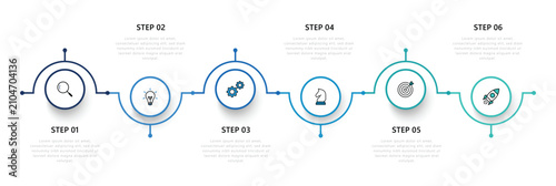 6-step timeline business infographic template. Modern workflow diagram, process chart, presentation vector infographic. This timeline showcases progress, growth, and the journey behind each milestone