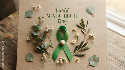 World mental health day awareness green ribbon with floral arrangement