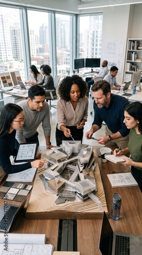 Diverse team of architects collaborating on a modern building model in a bright office with city views