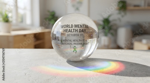 World mental health day awareness crystal sphere with rainbow reflection