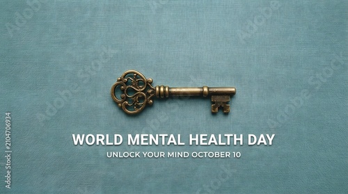 World mental health day concept with antique key and teal fabric