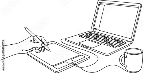 Continuous line drawing of an artist working with a digital graphics tablet and laptop.
