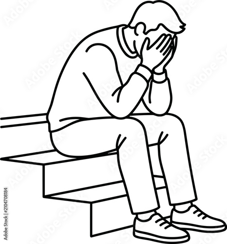 Foto Sad man sitting on stairs covering face with hands line art.