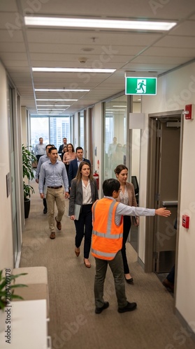 Business professionals follow safety instructions in office hallway during evacuation drill