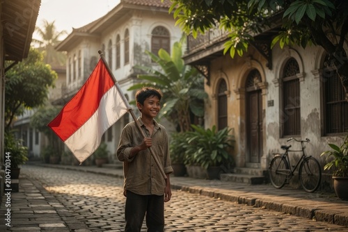 Aesthetic Portrait of a Village Child Carrying the Red and White Flag in the Historic Old Town Area