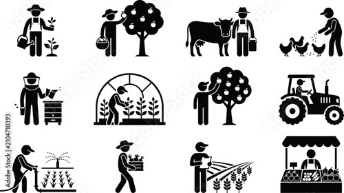 Photos Set of farming and agriculture worker icons in flat black style.
