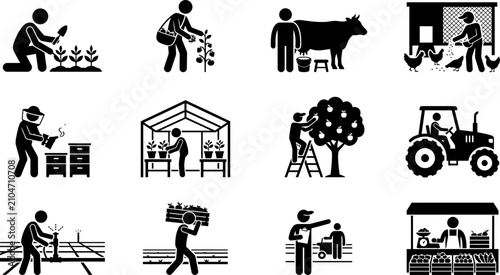 Tableau sur toile Set of agriculture and farming icons featuring workers and activities