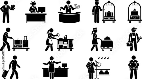 Konstfotografi Hotel staff professional services icons collection.