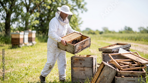 Beekeeper carrying wooden hive box in outdoor apiary