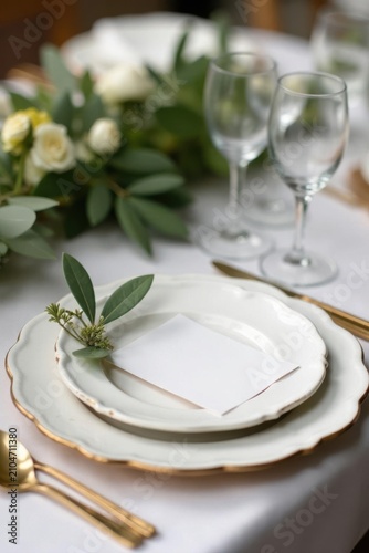 Elegant wedding table setting with olive branch place card , wedding decor, vintage