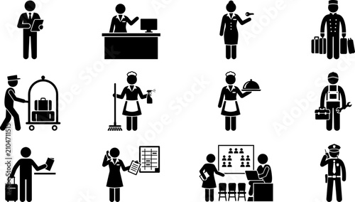 Foto Set of hotel staff and hospitality service icons.