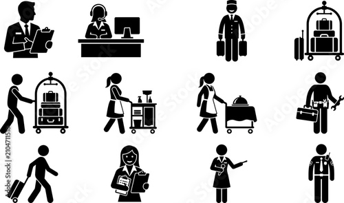 Bild auf Leinwand Set of hotel staff and service icons in flat style.