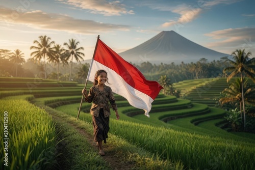 Little Girl in Traditional Kebaya Running Joyfully Waving the Red and White Flag on a Rice Field Hillside