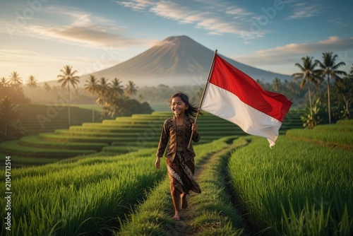 Little Girl in Traditional Kebaya Running Joyfully Waving the Red and White Flag on a Rice Field Hillside