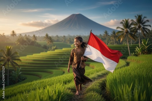 Graceful Steps of a Girl in Kebaya Carrying the Indonesian Flag on a Terraced Rice Field Pathway