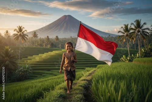 Graceful Steps of a Girl in Kebaya Carrying the Indonesian Flag on a Terraced Rice Field Pathway