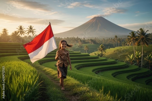 Graceful Steps of a Girl in Kebaya Carrying the Indonesian Flag on a Terraced Rice Field Pathway