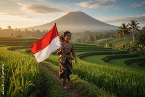 Little Girl in Traditional Kebaya Running Joyfully Waving the Red and White Flag on a Rice Field Hillside