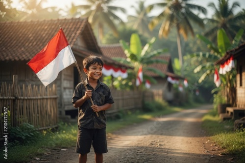 Aesthetic Portrait of a Village Child in Batik Shirt Waving the Red and White Flag for Rural Folk Festival Theme