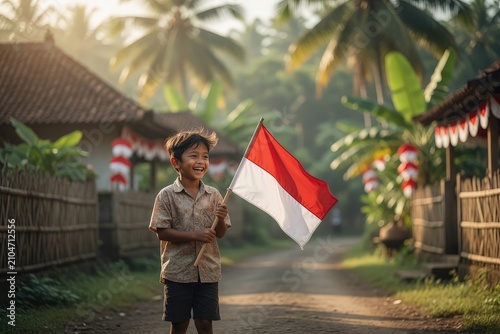 Aesthetic Portrait of a Village Child in Batik Shirt Waving the Red and White Flag for Rural Folk Festival Theme