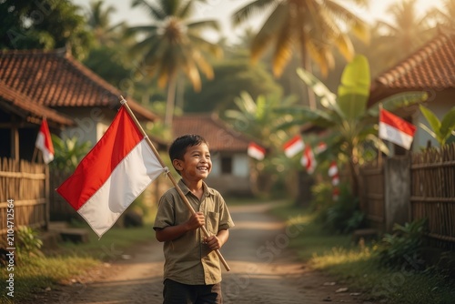 Village Boy Smiling Proudly Carrying the Red and White Flag on a Decorated Rural Street