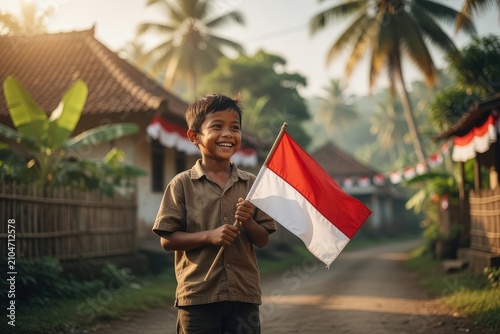 Village Boy Smiling Proudly Carrying the Red and White Flag on a Decorated Rural Street