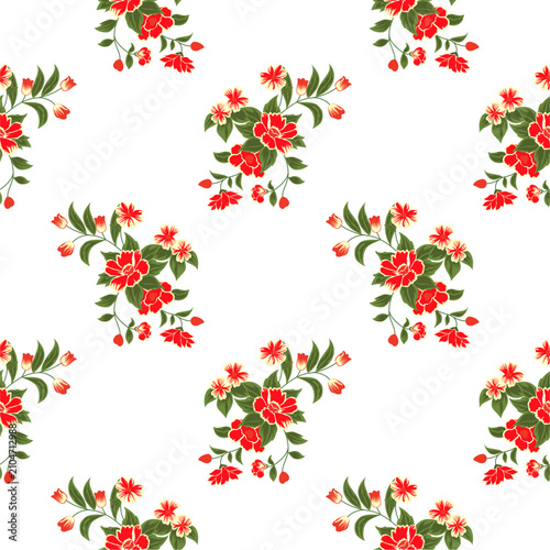 Seamless pattern with vintage red flower bouquets and green leaves. Elegant chintz floral print, retro botanical garden ornament vector illustration isolated on white background.