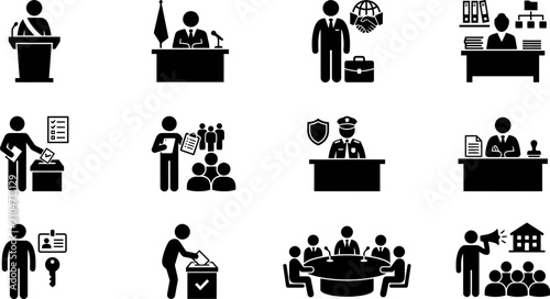 Konstfotografi Set of black silhouette icons depicting various government and administration roles