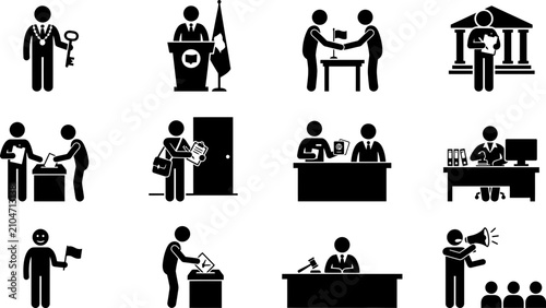 Foto Set of government and political authority icons representing leadership and public service