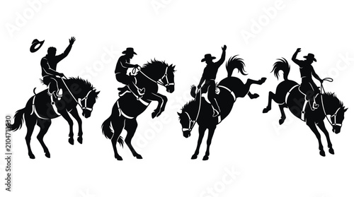 Set of silhouettes showing cowboys riding bucking bronco horses.