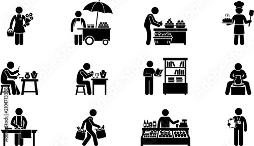 Foto Set of black silhouette icons depicting various small business owners and workers