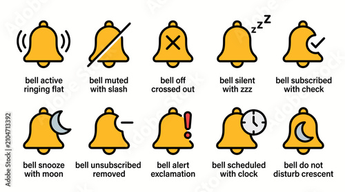 Set of ten colorful notification bell icons for user interface design.