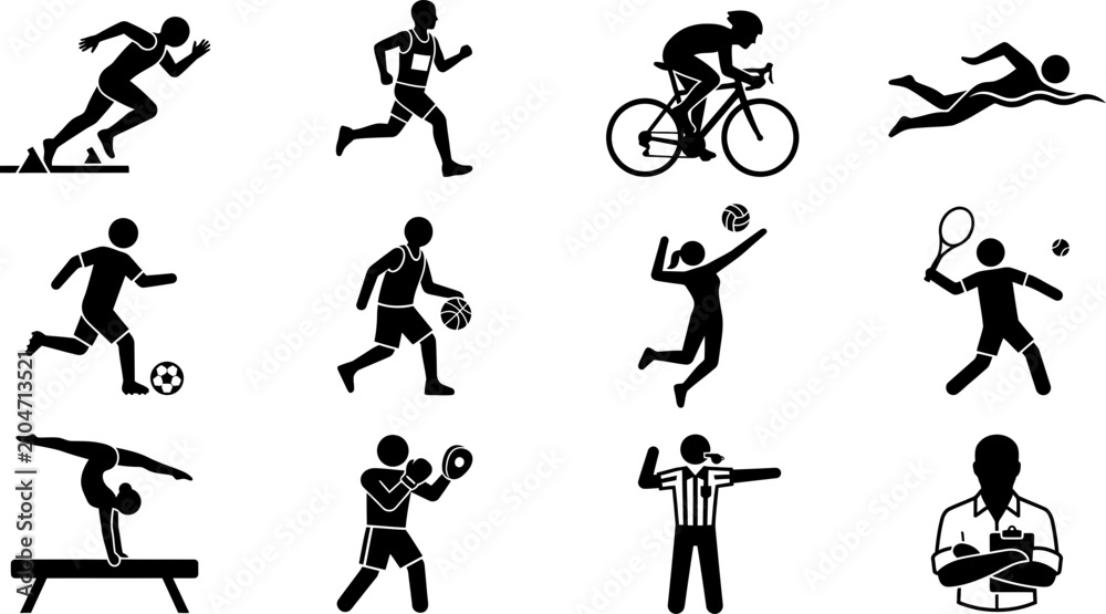 Fototapeta premium Set of black stick figure icons depicting various sports activities and athletes.