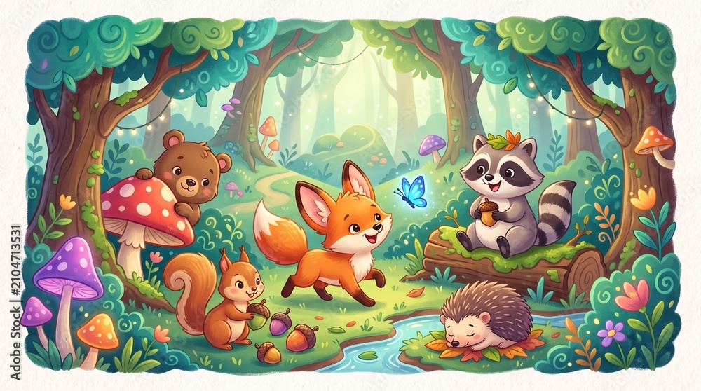 Naklejka premium Cute Woodland Animal Scene Featuring Forest Friends at Play