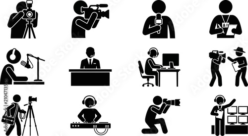 Foto Set of black and white stick figure icons representing media broadcasting and journalism professions