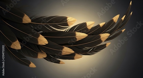 Elegant black feathers with gold tips. Abstract bird plumage background on dark surface.