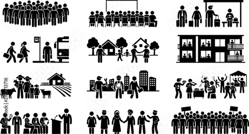 Collection of black and white stick figure icons representing various social activities and lifestyle situations.